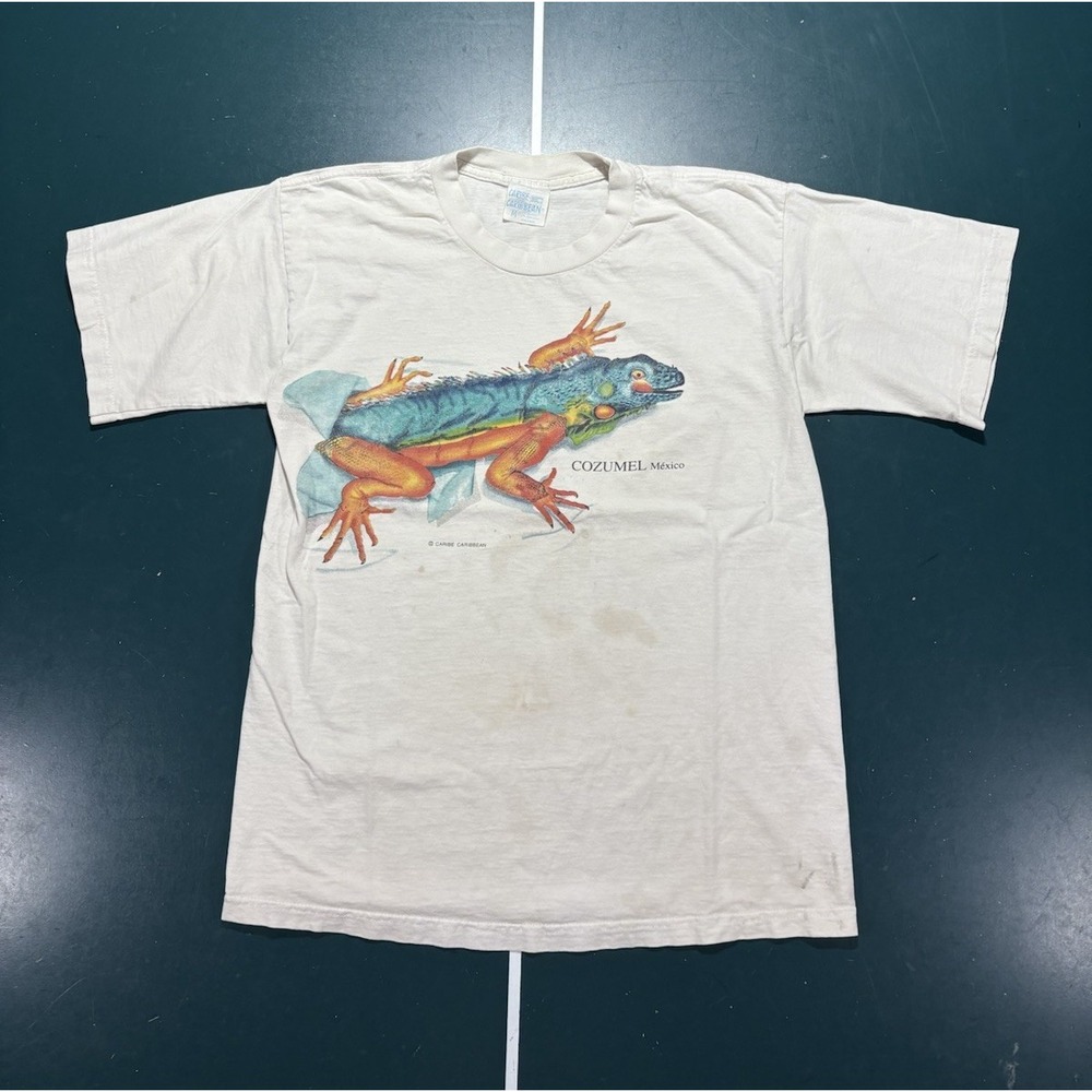 Vintage Iguana Graphic T-Shirt Men's Medium Reptile Lizard Nature Art 90s Stain*